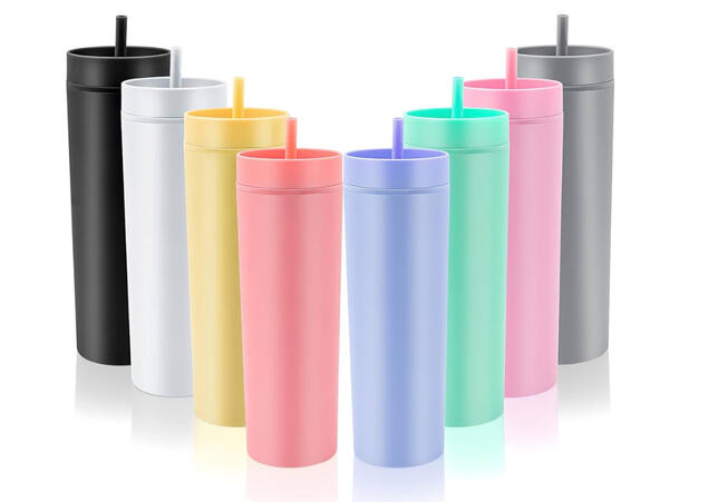 **16 oz Acrylic Skinny Tumbler - $20** Available Colors: White,Yellow,Peach,Blue,Teal Pink,Grey *Made from BPA-free, food-grade **16 oz Acrylic Skinny Tumbler - $20** Available Colors: White,Yellow,Peach,Blue,Teal Pink,Grey *Made from BPA-free, food-grade acrylic with a double-wall design *Includes matching screw-on lids and reusable straws *Leak-proof design with splash-resistant